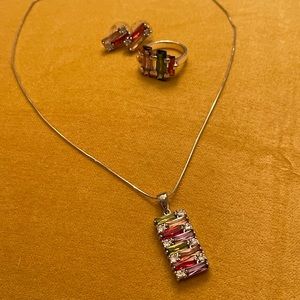 Amazing necklace, earring and ring set. Rhodium plated sterling with gems.